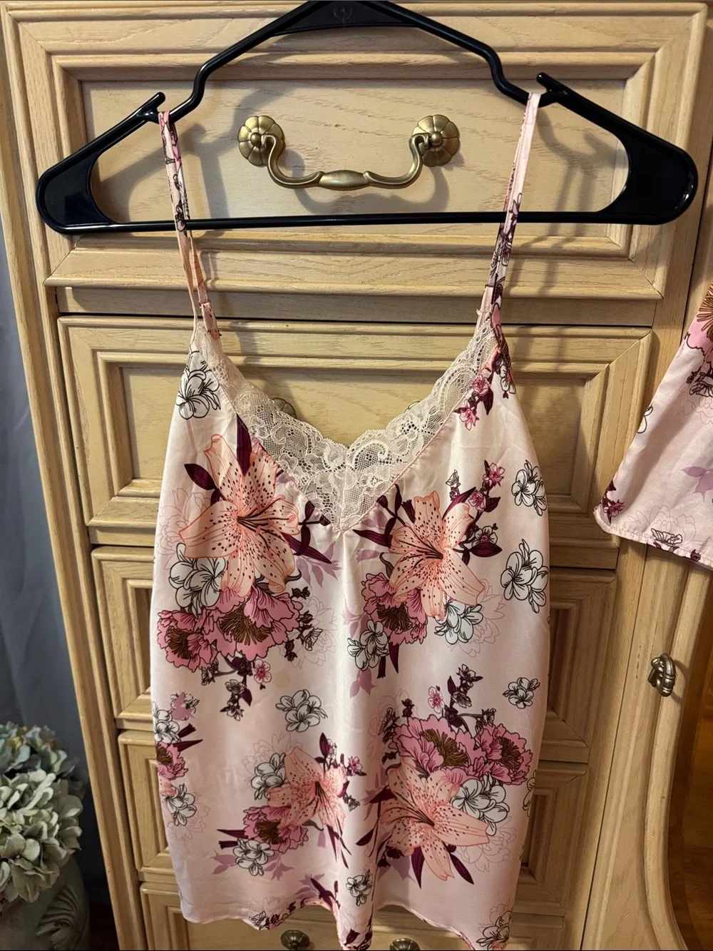 Floral Lace-Trim Pink Satin Camisole & Shorts Sleep Set